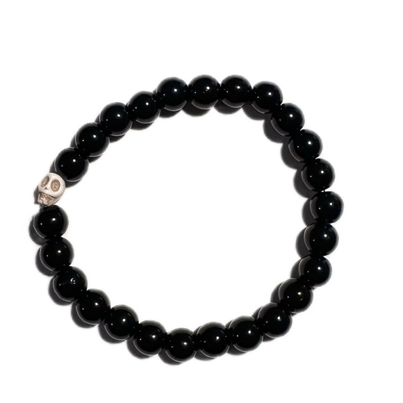 Hand Crafted Jewelry - Skull bracelets black glass 8mm beads stretch handmade